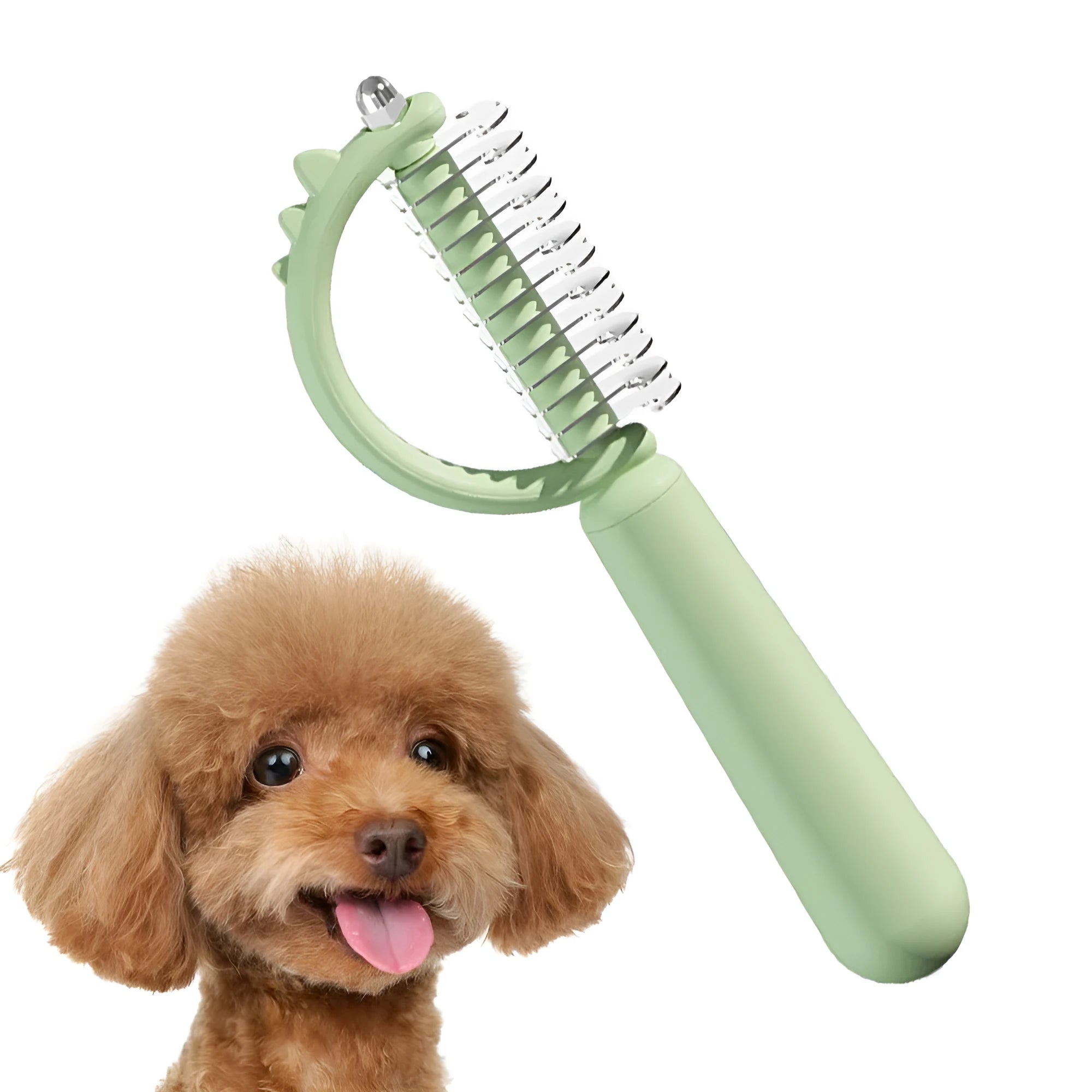 Blue dinosaur-shaped self-cleaning cat brush with stainless steel pins