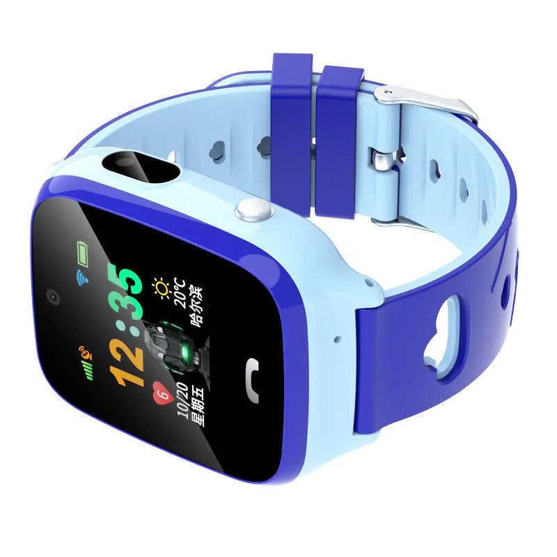Blue children's phone watch with HD touchscreen and silicone wristband showing positioning features