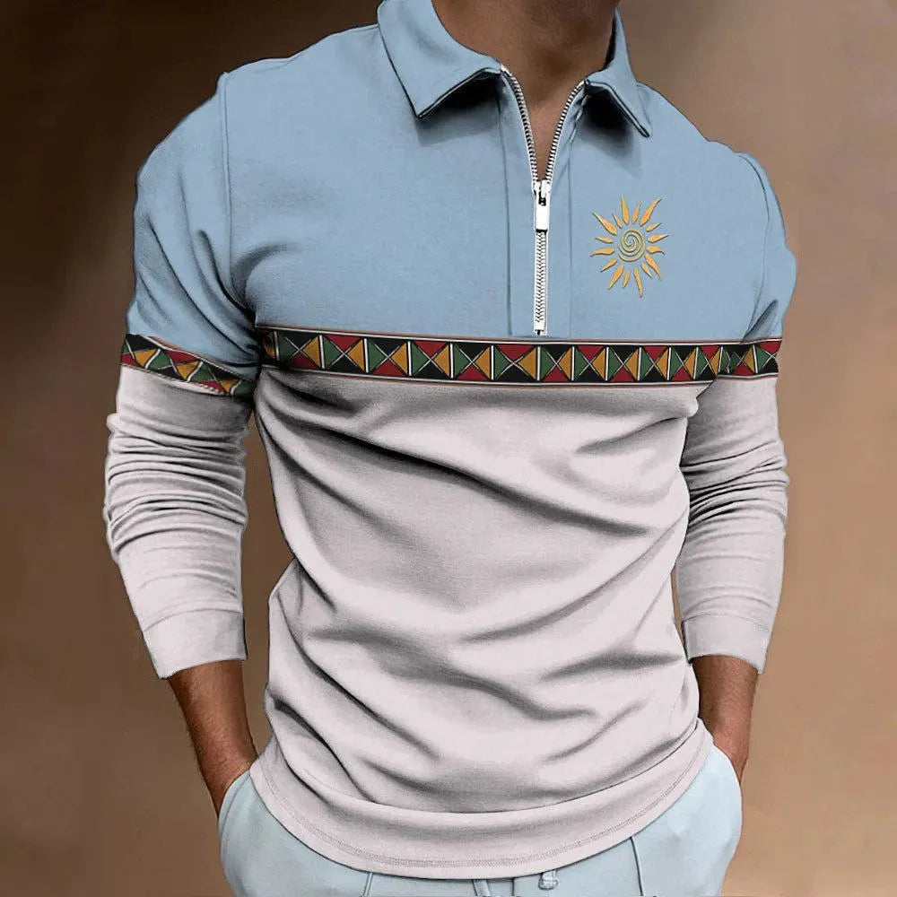 Man wearing a long sleeve retro stripe print golf top with zip details on a loose fit.