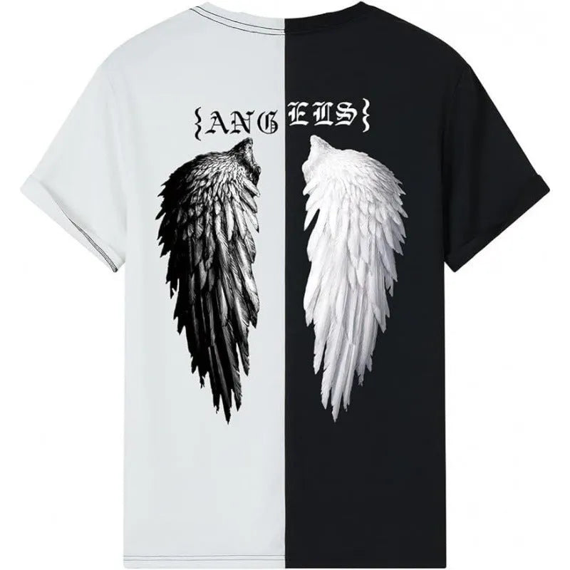 Printed men's short sleeve sports T-shirt with digital pattern design on polyester fabric.