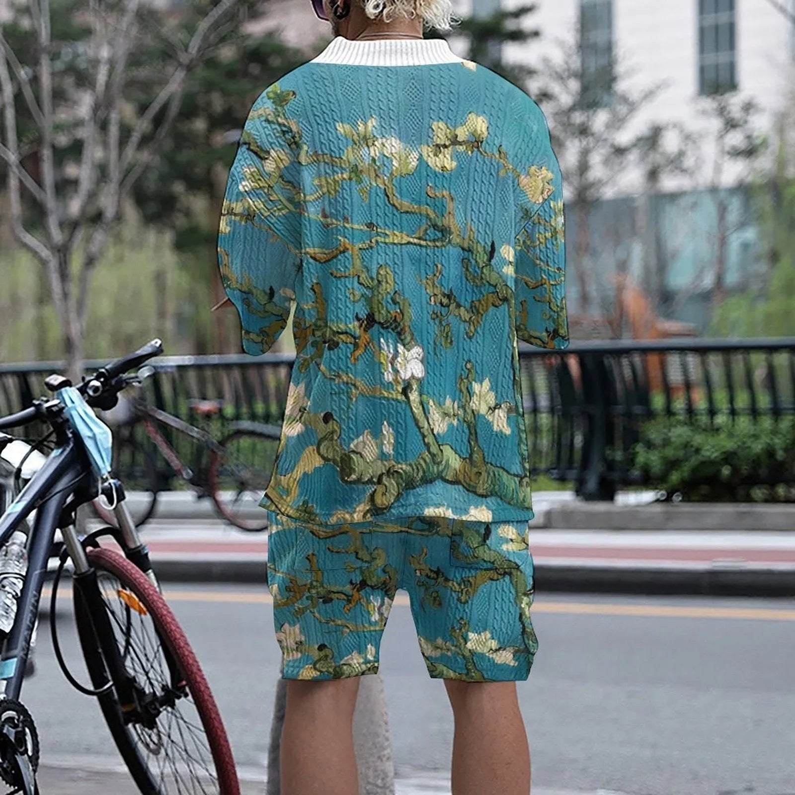 Men's peacock blue 3D printed polyester shorts suit with T-shirt top and matching knitted leisure shorts