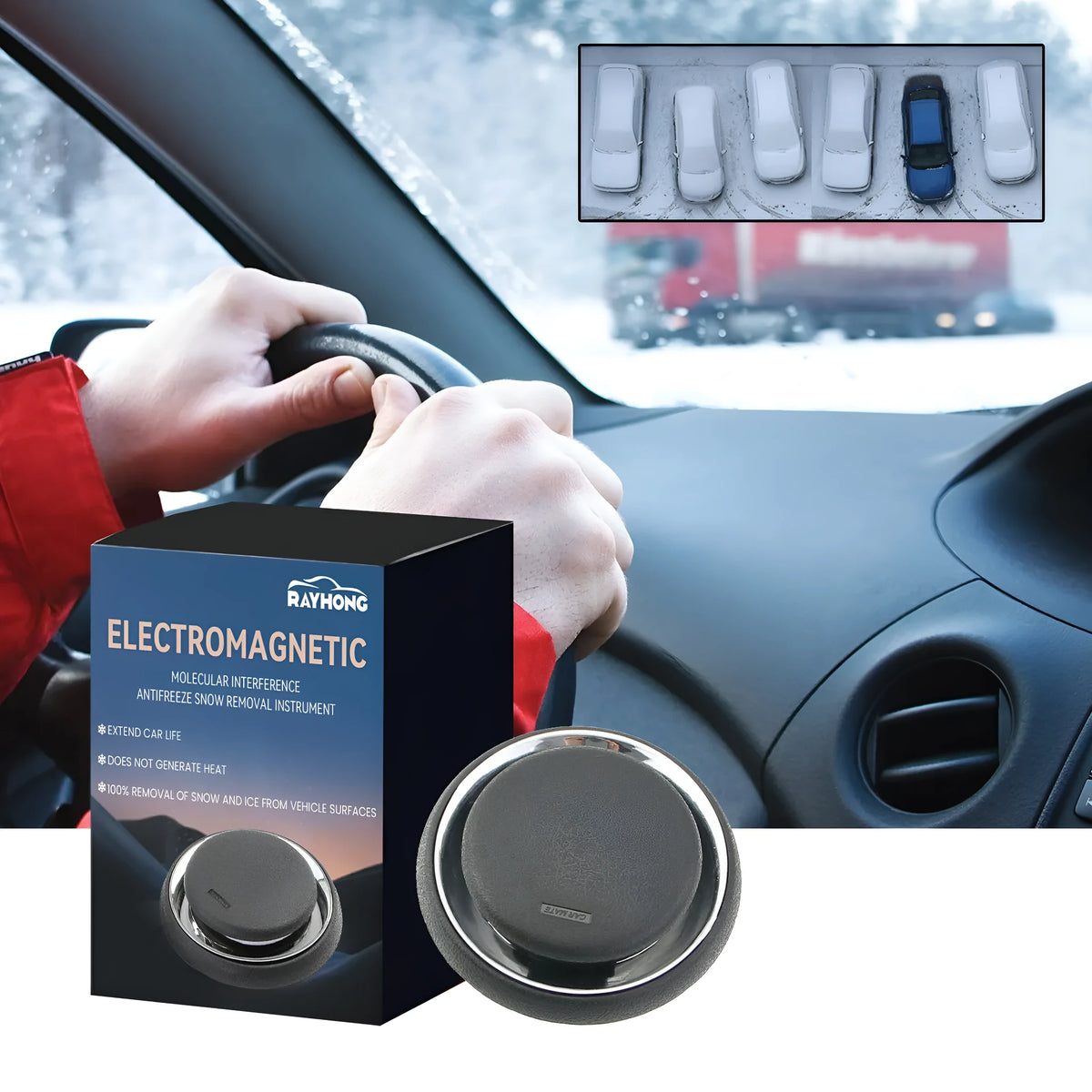 Black rectangular portable car de-icing instrument measuring 7.4x7.4x1.6cm for snow and ice removal