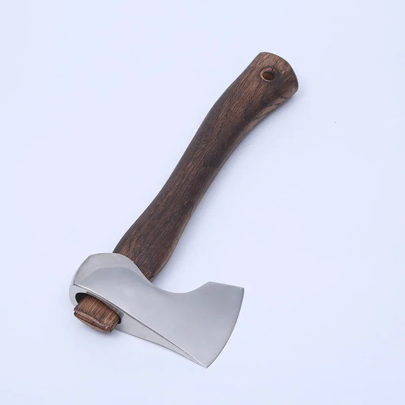 Camping axe with high carbon steel head and wooden handle for outdoor wood cutting