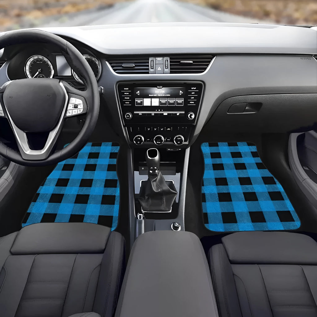 Black printed rubber car foot mat set showing 20mm thickness and four-piece layout for general vehicle models