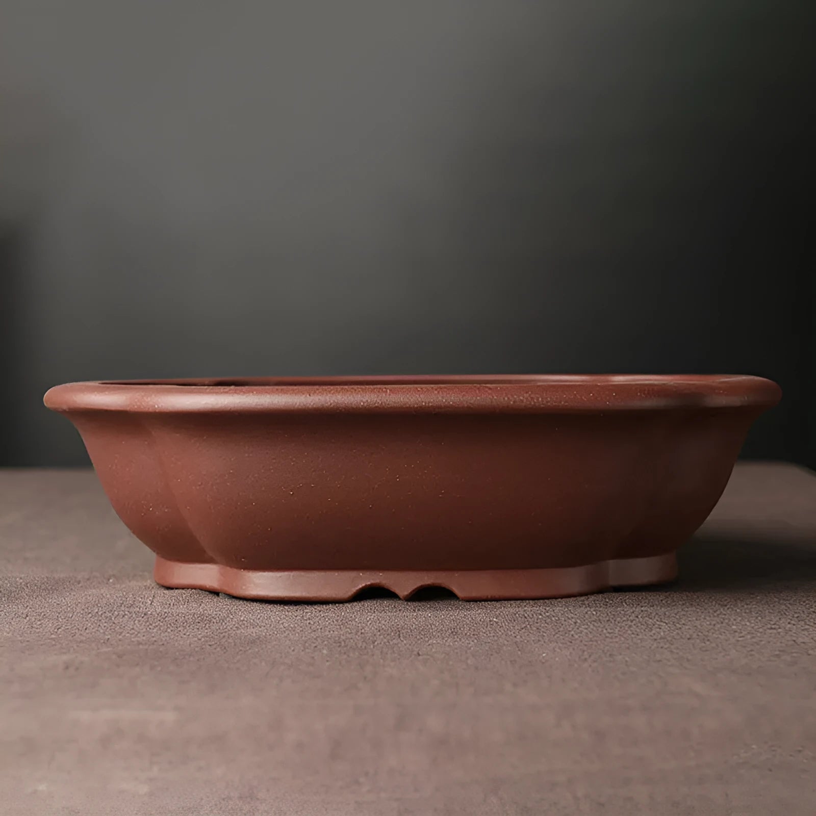 Handmade purple clay bonsai basin with classical Chinese style, measuring 25cm long by 20cm wide by 7cm deep