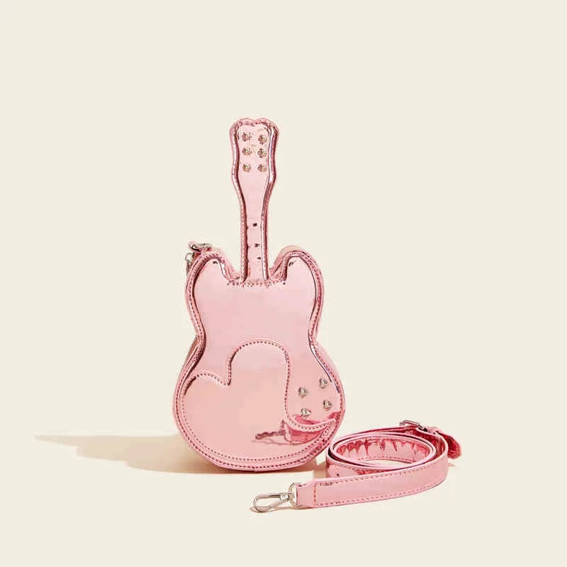 Guitar shaped PU crossbody shoulder bag in silver black yellow blue pink with 16cm width for phone and wallet