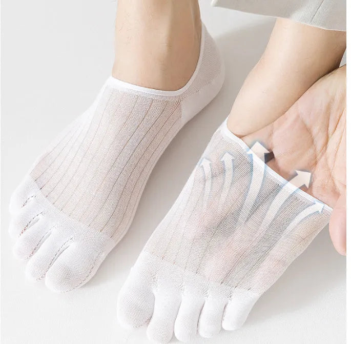 Modal five-finger ultra-thin boat socks in solid colours: white, khaki, light grey, dark grey, and black.
