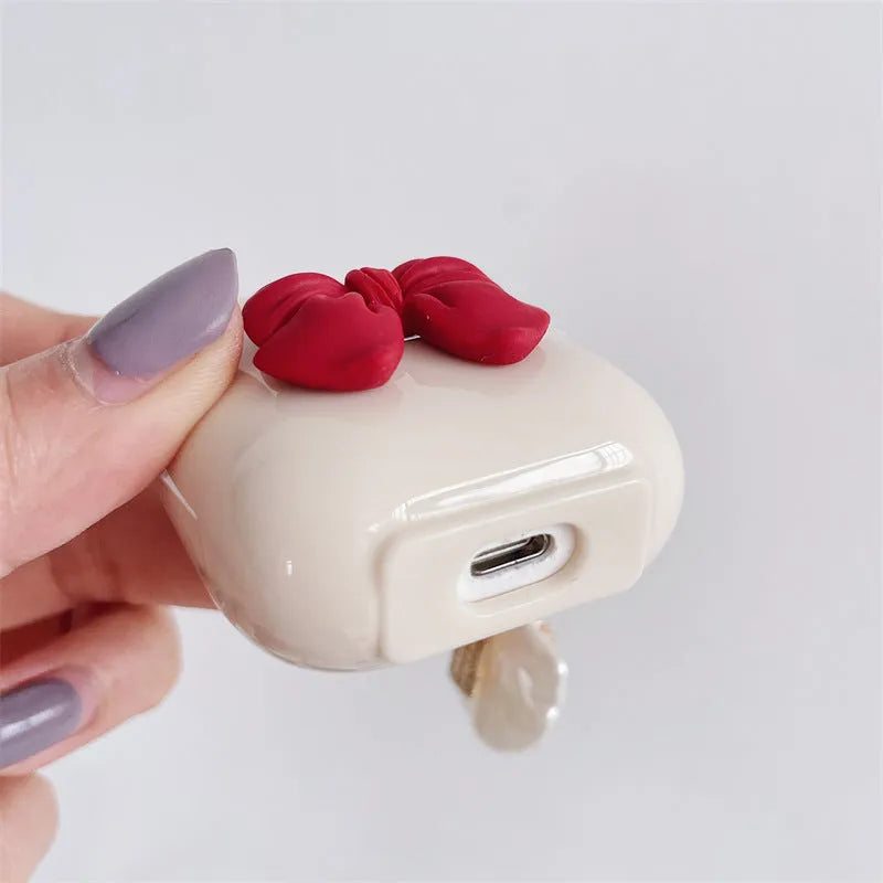 Beige red bow shell pendant TPU case for AirPods Pro and AirPods 1-3 wireless earphones