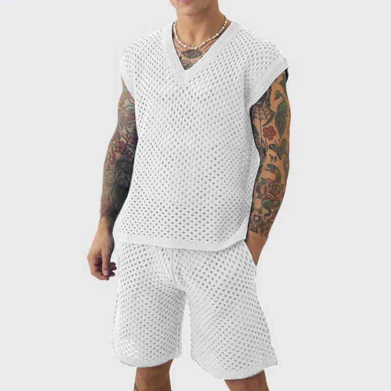 Men's sleeveless V-neck knitted vest and matching shorts sports suit in blue black white or khaki