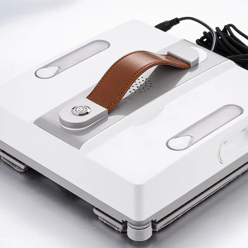 White intelligent window cleaning robot with dimensions 220mm x 220mm x 70mm for high-rise glass.