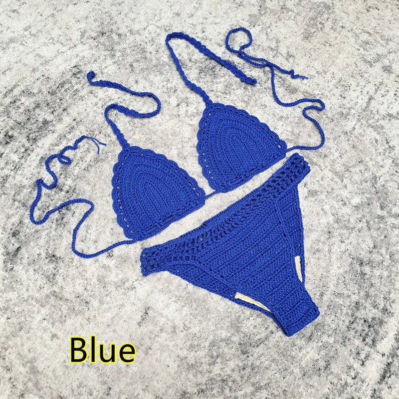 Handmade crochet bikini swimsuit set with matching beach skirt in acrylic fabric