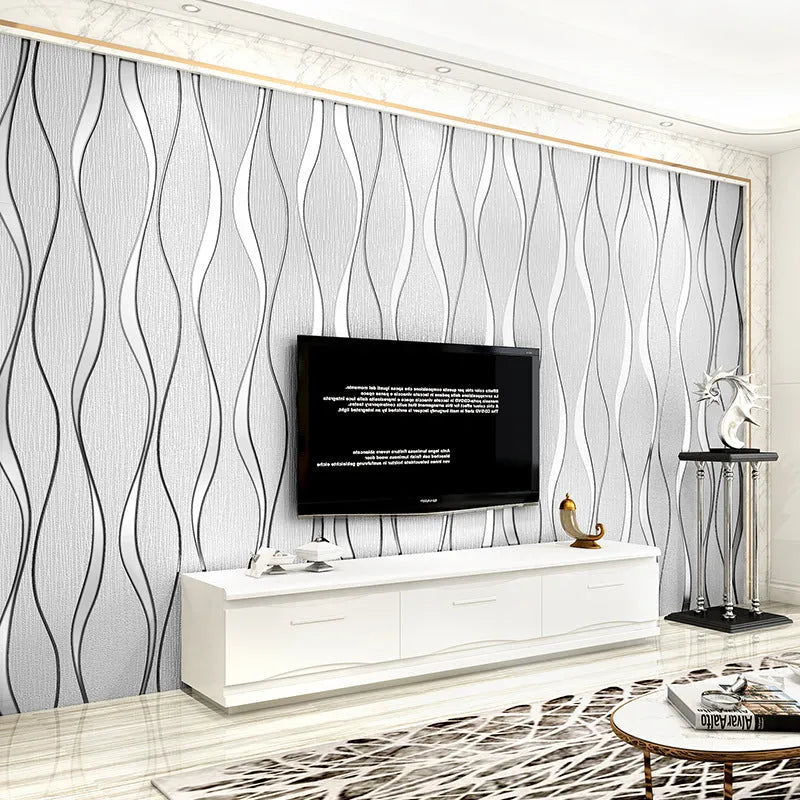 Close-up of dark brown curve stripe 3D velvet texture decorative wallpaper roll