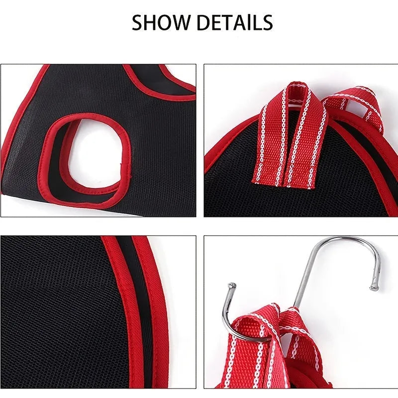 A suspended nylon mesh pet grooming hammock with a top zipper, hanging from its adjustable strap.