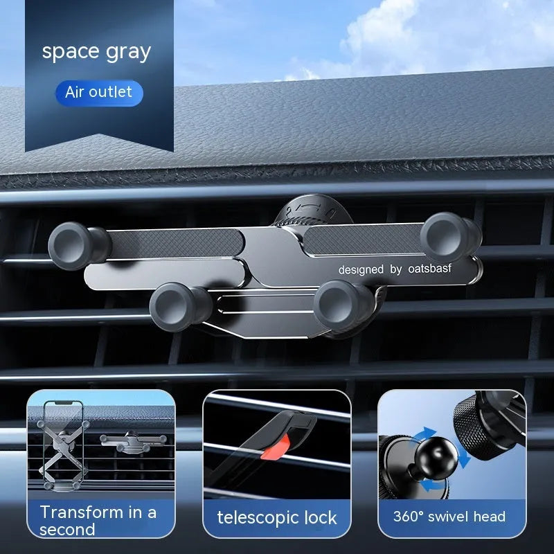Invisible alloy snap-on mobile phone holder for car air vent in black, silver and grey colours.