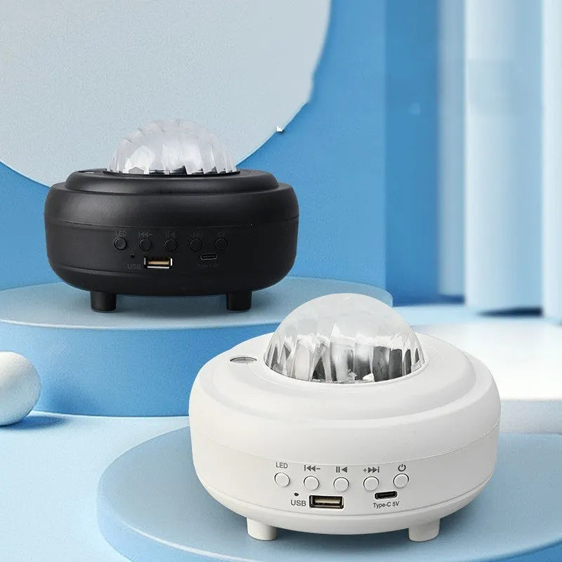 White Galaxy Star Projector night lamp showing star projection on wall and ceiling
