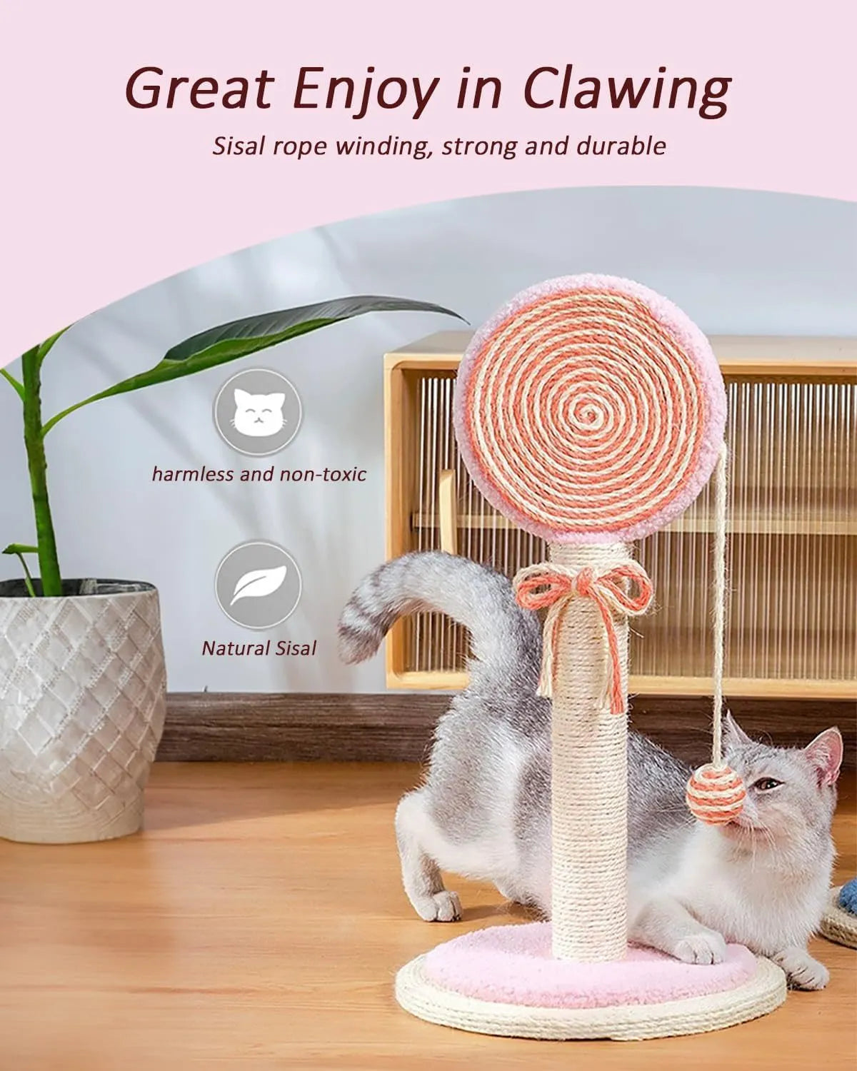 Blue cat scratching post with sisal rope and a hanging yellow ball on a sturdy wooden base.
