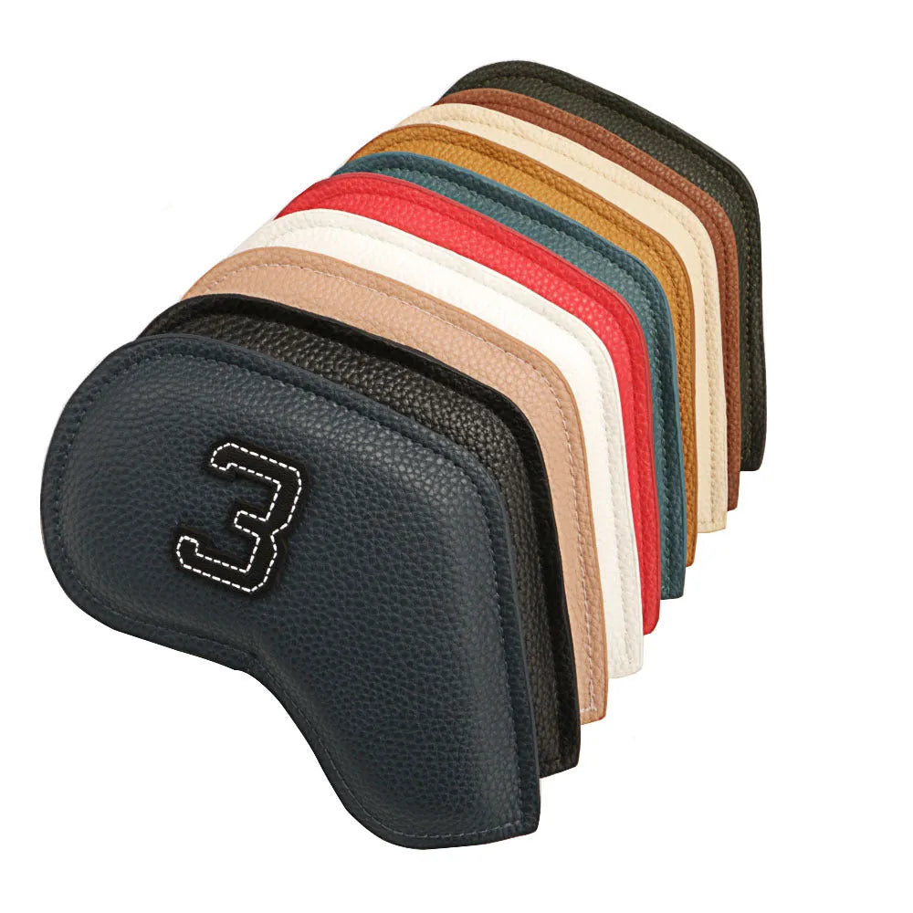 Set of 10 digital printed golf club head covers in assorted colours for bag protection