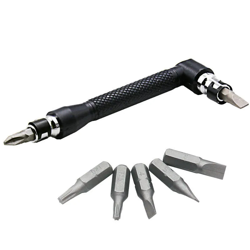 L-shaped double-headed socket wrench with 10 screwdriver bits and 10 bit sockets arranged around tool
