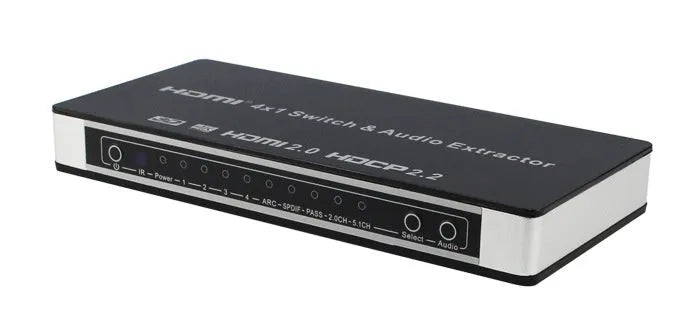 Black HDMI audio video switch unit with remote control and 10-metre cables for connecting four sources to one display.