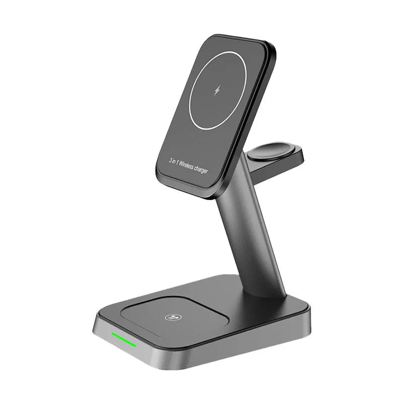 Black cube-shaped 3-in-1 vertical wireless charging stand and portable power bank on a desk.