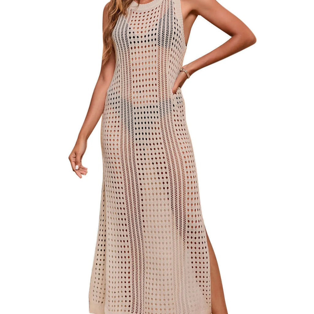 Long loose solid colour beach blouse with hollow-out knitted design on a mannequin, showing apricot colour variant.