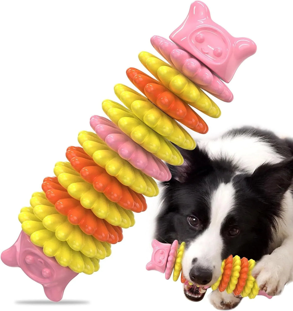 Blue natural rubber caterpillar-shaped dog chew toy on a white background.