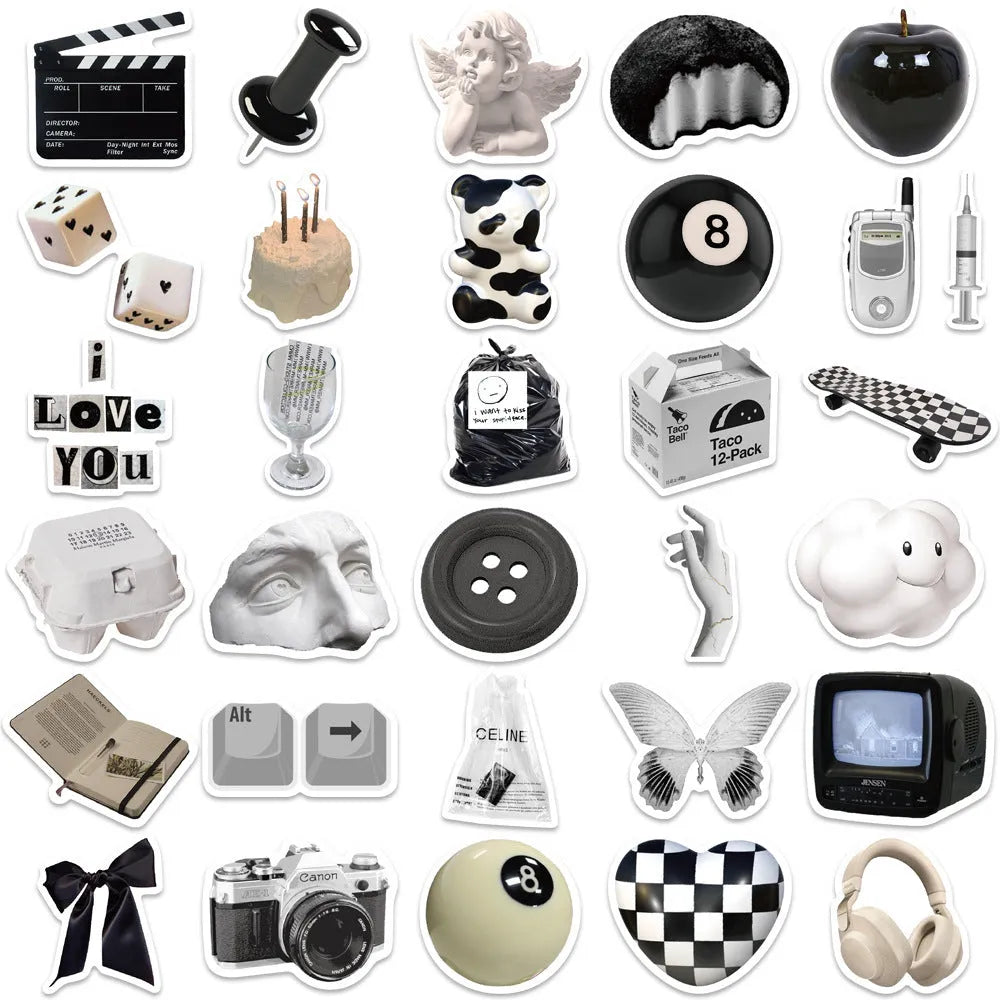 Black and white waterproof vinyl stickers pack with 61 pieces for laptop cup phone decoration