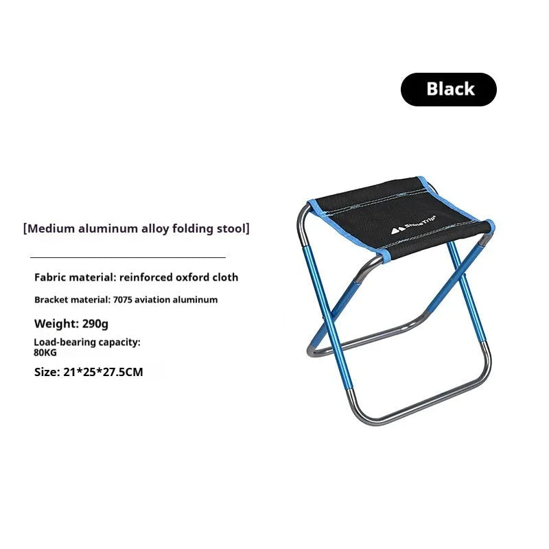 Black folding stool with ethnic pattern, made from 7075 aluminium alloy, shown in folded and open positions.