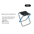 Black folding stool with ethnic pattern, made from 7075 aluminium alloy, shown in folded and open positions.