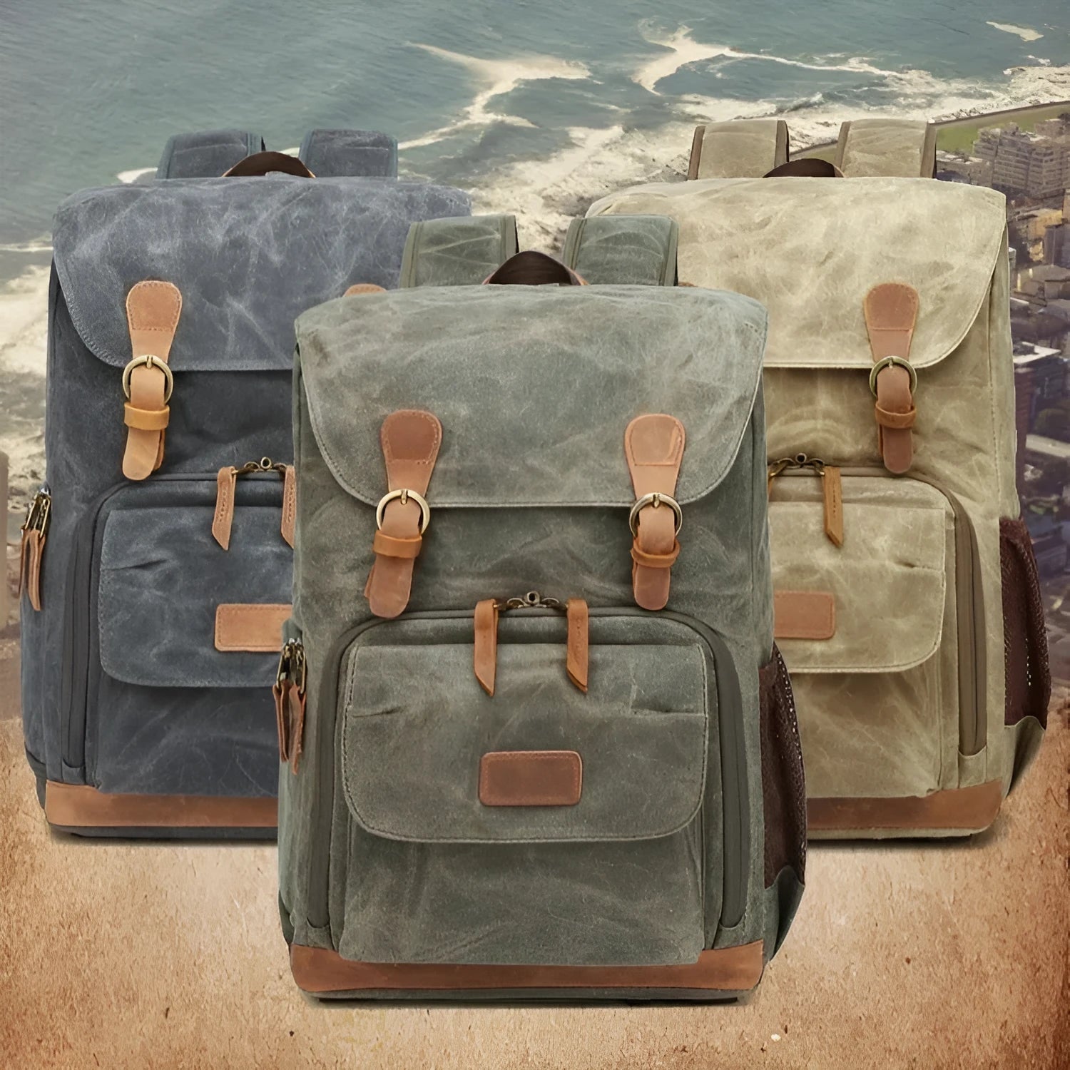 Khaki coloured canvas DSLR camera backpack with adjustable straps shown front-on.