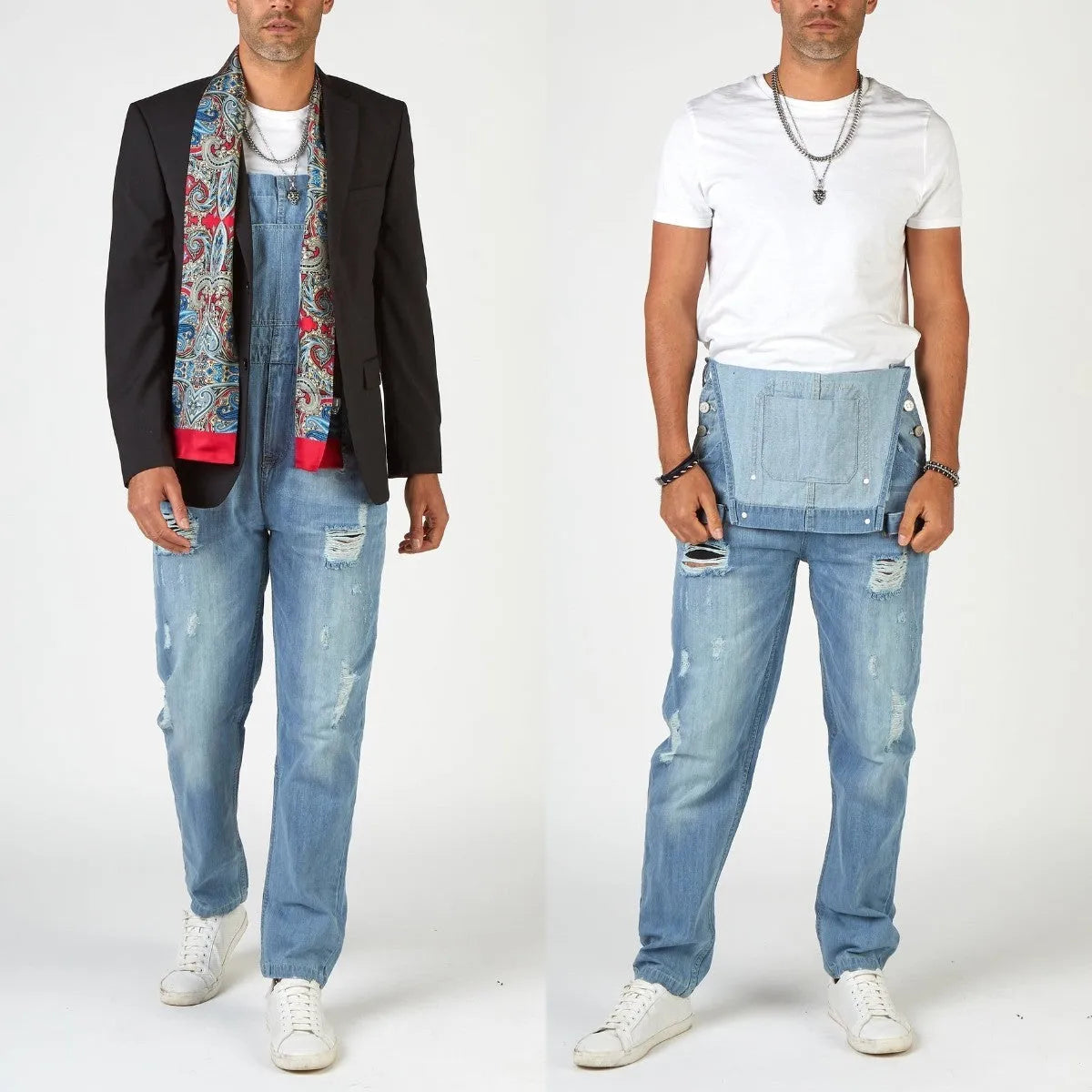 Light blue men's jeans with ripped detailing, suspender straps, and high-waist retro styling