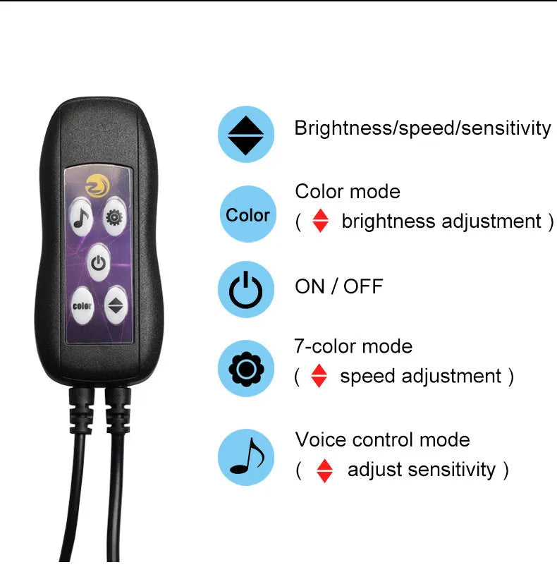 Car USB LED atmosphere lamp showing colour-changing strip installed on dashboard