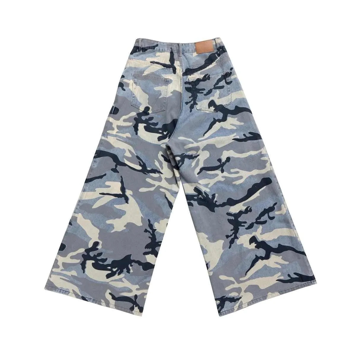 Snow camouflage blue loose-fit jeans with a mid waist on a hanger