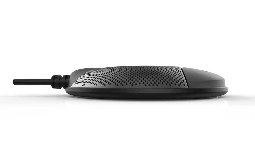 Black USB condenser desktop microphone for conferences and gaming with 9x9x1.7cm dimensions