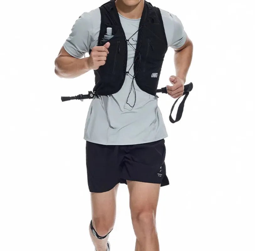 Men's black and blue stretch running shorts with laser punching for athletic training
