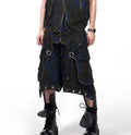 Blue Korean style hooded denim vest coat with matching trousers, front zipper closure