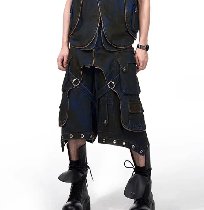 Blue Korean style hooded denim vest coat with matching trousers, front zipper closure