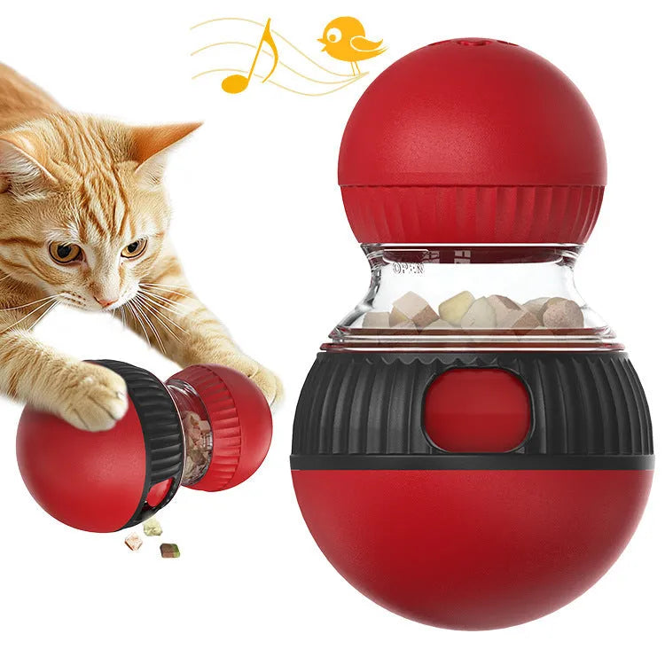 Plastic rotating cat toy ball with sound mechanism and treat dispensing hole measuring 155mm