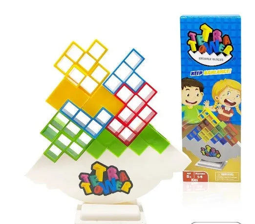 Plastic balance stacking board game with colourful blocks, chassis, and base on table
