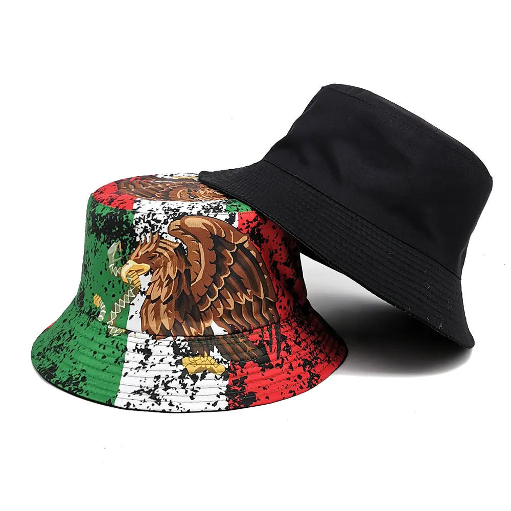 Eagle pattern retro bucket hat with dome crown on a neutral background.