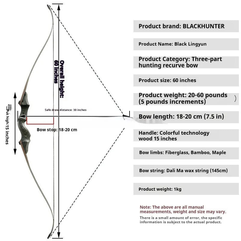 Wooden traditional recurve bow with colourful technology wood handle, glass fibre bamboo maple limbs, and 20-60 pound draw weights.