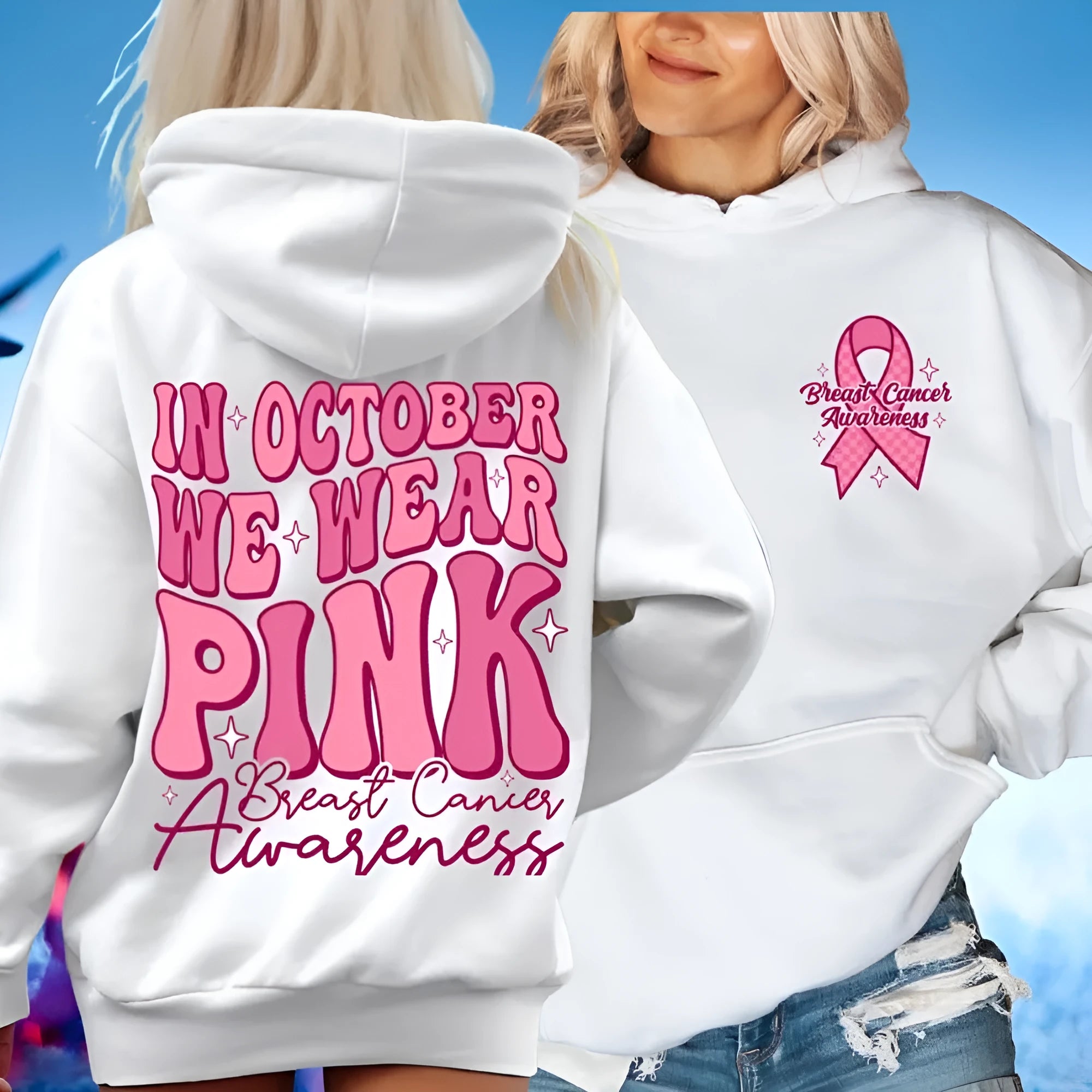 Breast Cancer Awareness pullover hoodie with retro art print and side seam pockets in various colours.