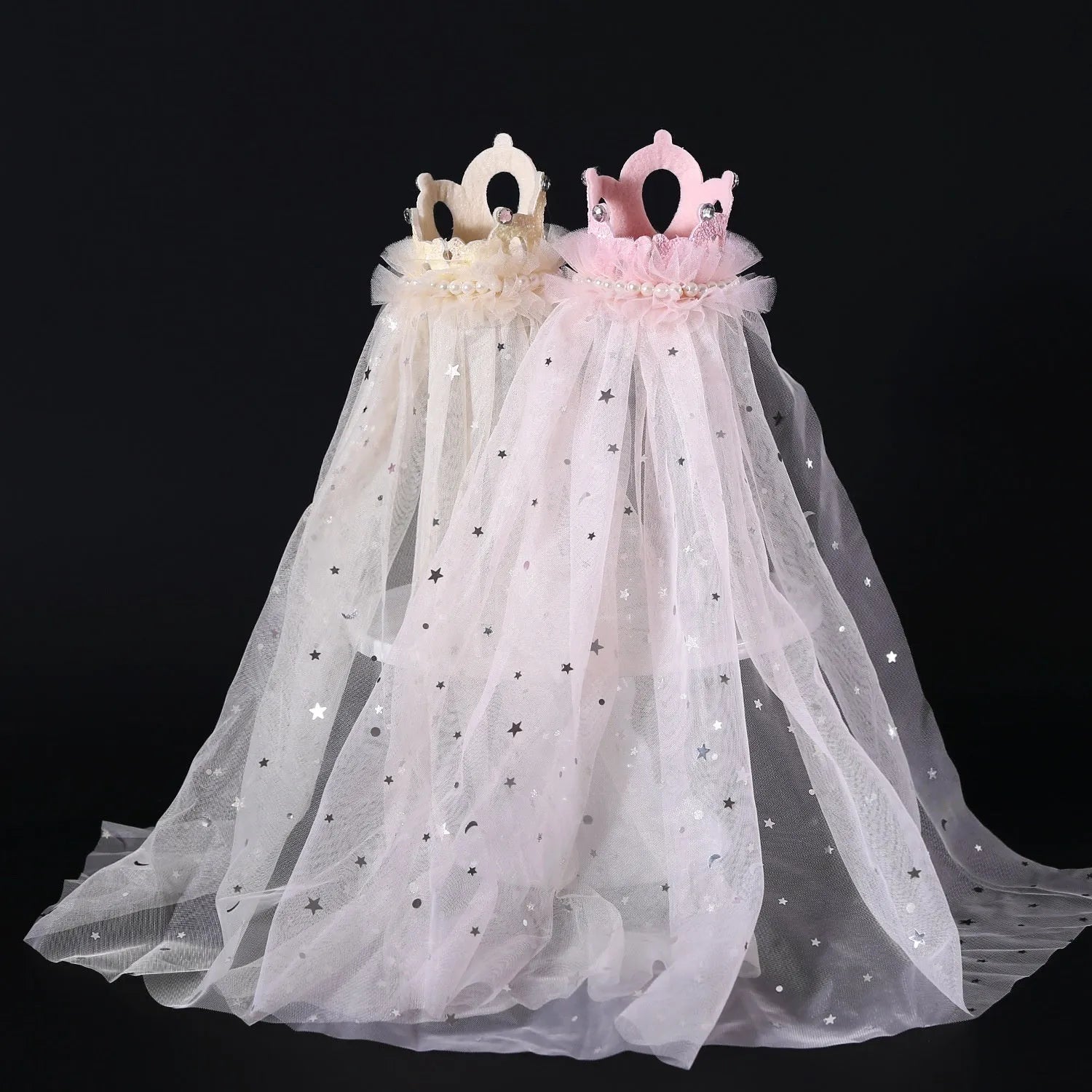Beige and pink pet princess crown veil headdress accessory for cats and dogs.