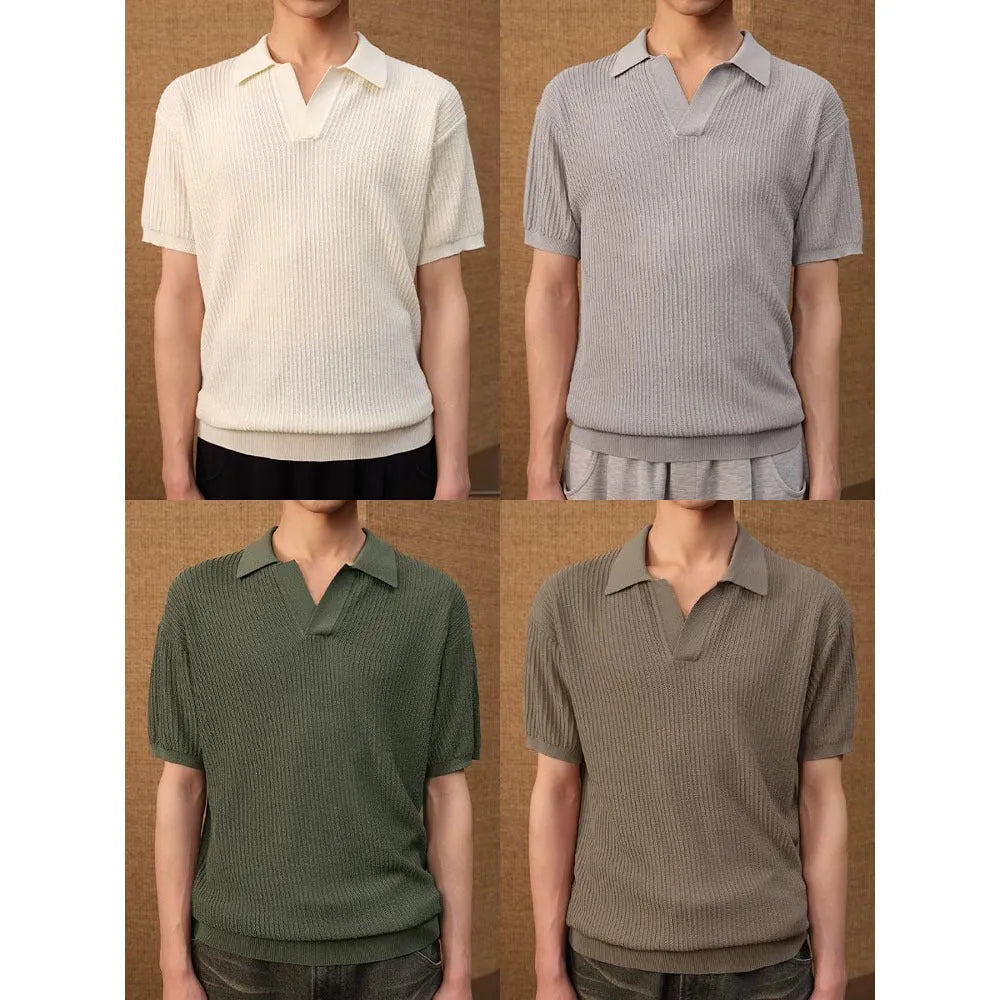 Men's striped collar polo shirt in ice silk fabric shown in creamy-white colour