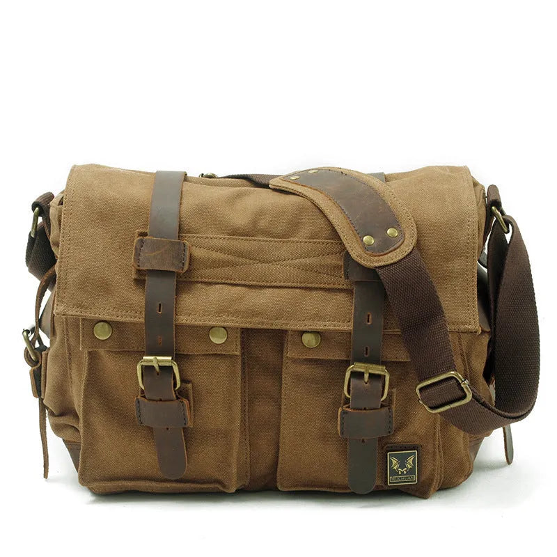 Men's 38cm wide canvas crossbody bag with cowhide trim in retro postman style