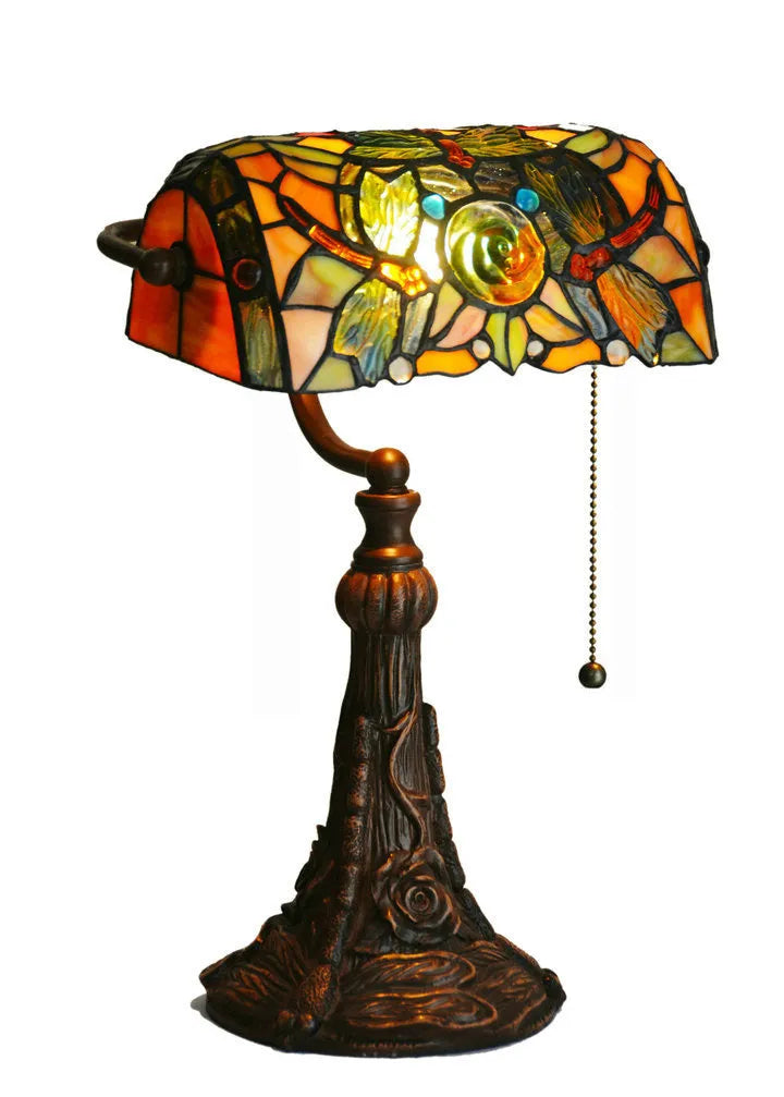 10-inch Tiffany table lamp with stained glass resin base on desk surface