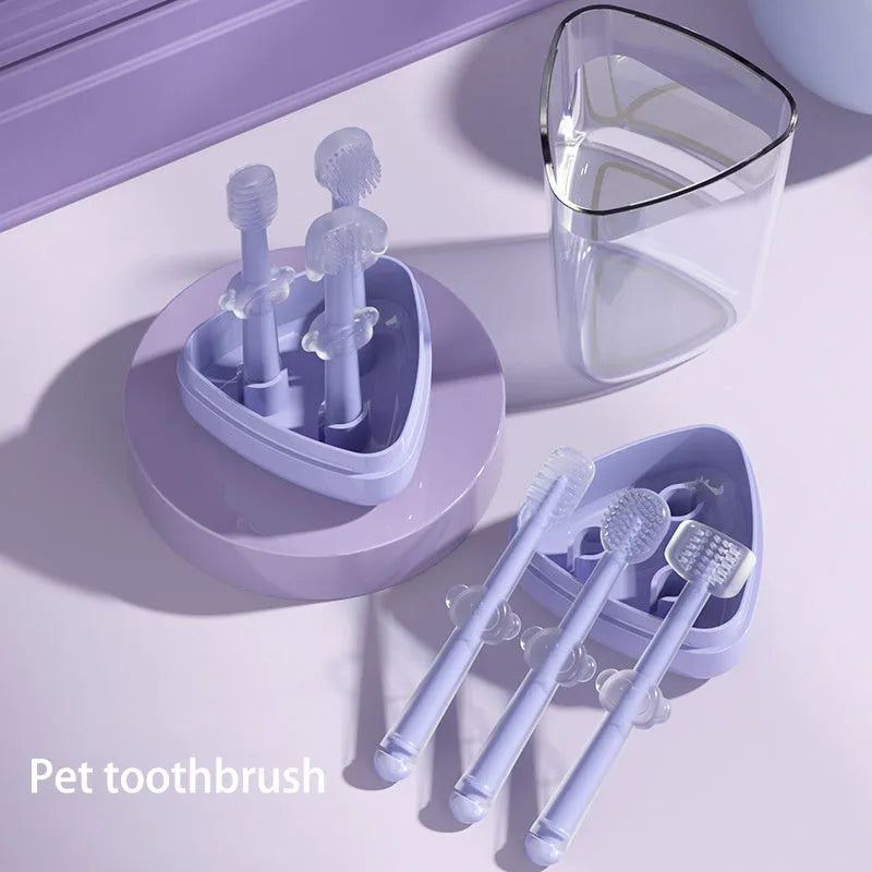 Purple silicone toothbrush for cleaning dog and cat teeth.