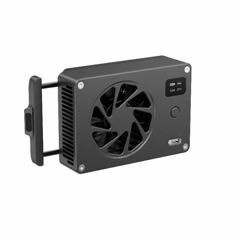 Black aluminium alloy cooling radiator with integrated fan for computer hardware thermal management