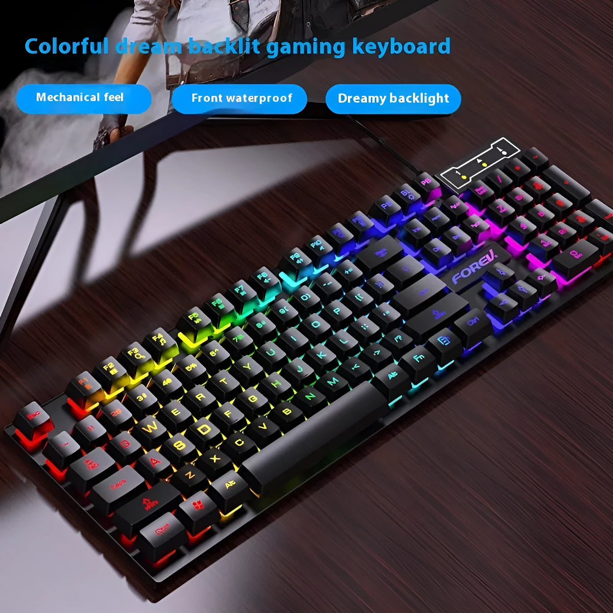 Black 104-key gaming keyboard with backlight illumination showing full key layout