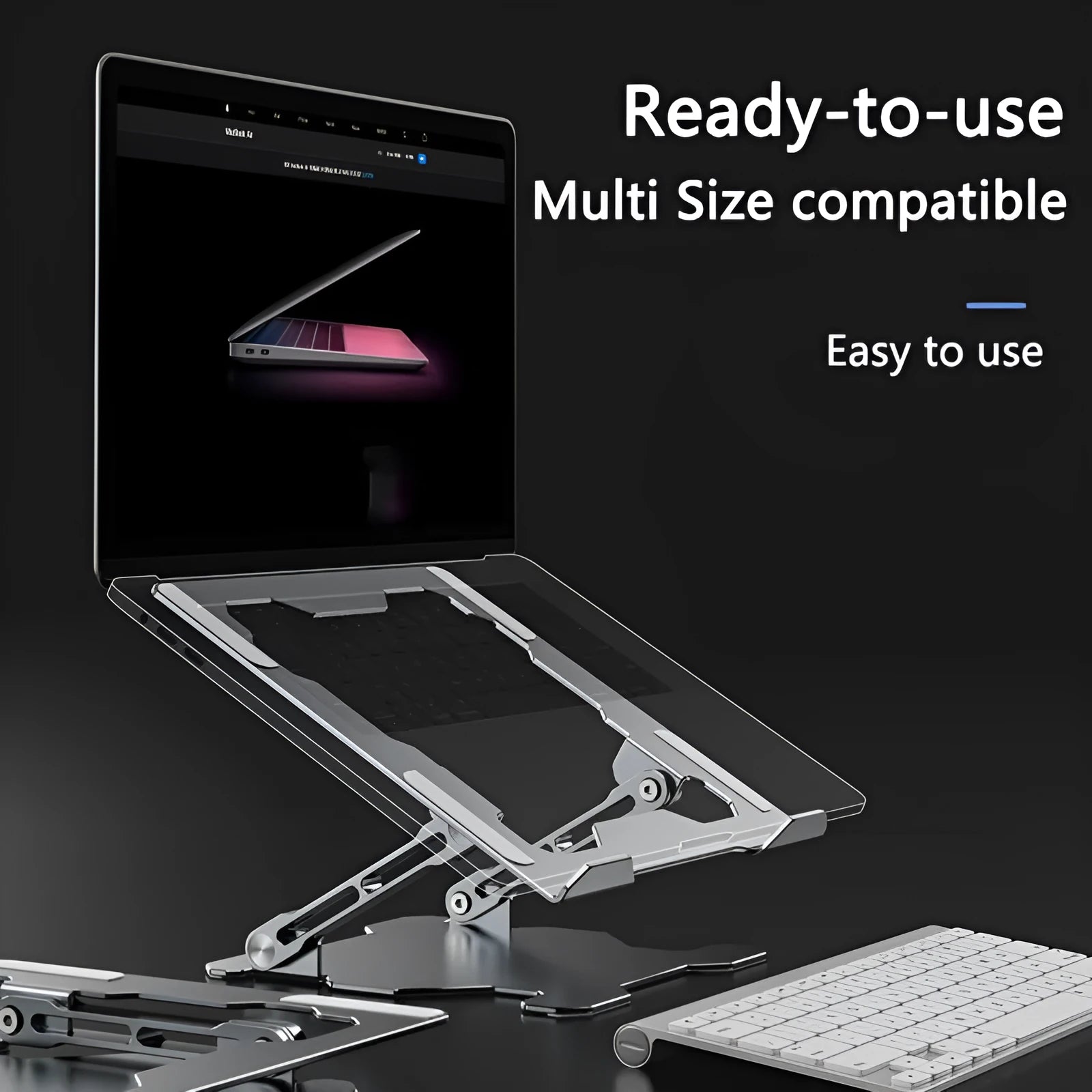Grey aluminium alloy laptop stand with adjustable angle, shown folded and open.